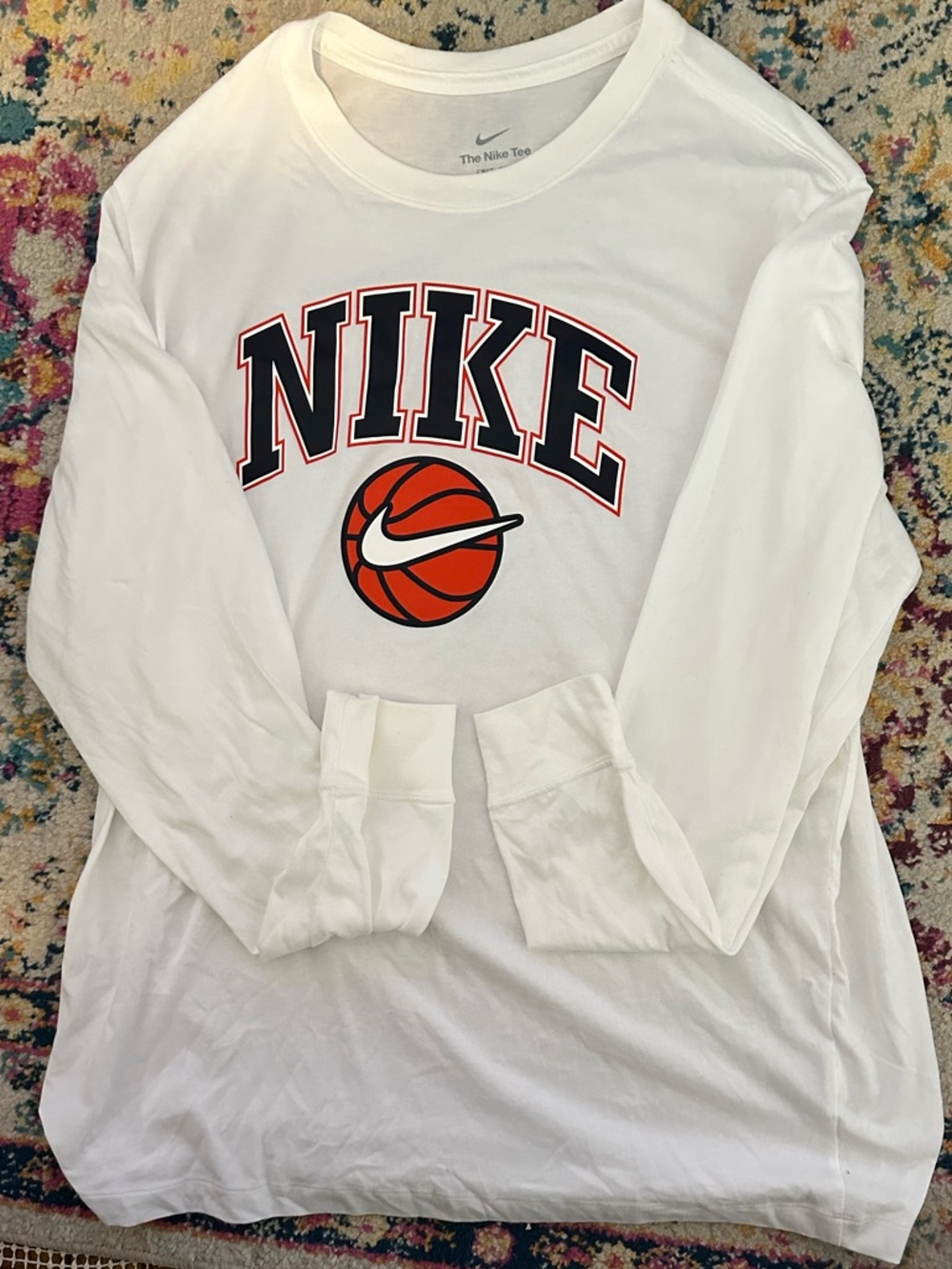 Nike White Long-Sleeve Tee with Orange Basketball Logo